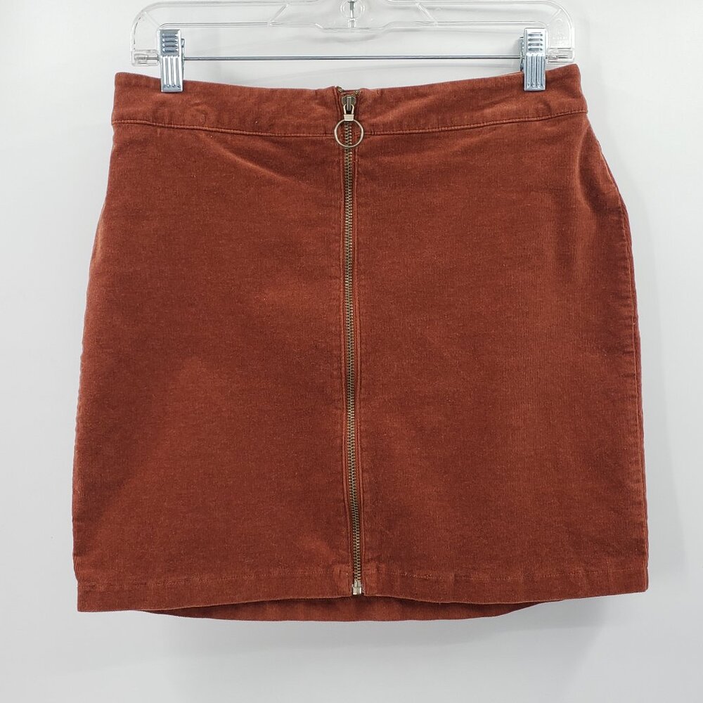 Vtg Forever 21 Corduroy Mini Skirt Size L Rust Brown O-Ring Zip Front Academia